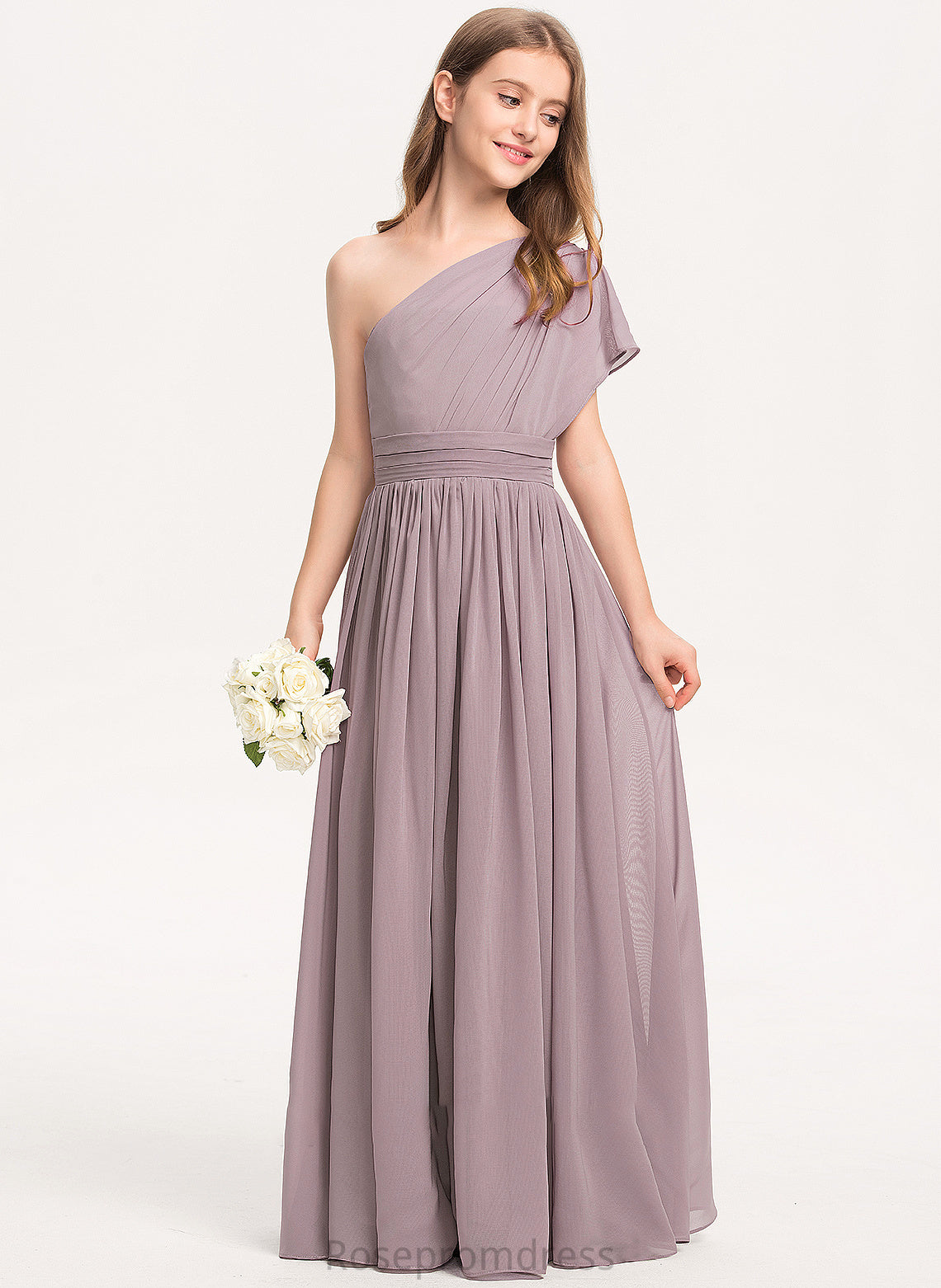 Junior Bridesmaid Dresses One-Shoulder Floor-Length Chiffon With Kathleen A-Line Ruffle