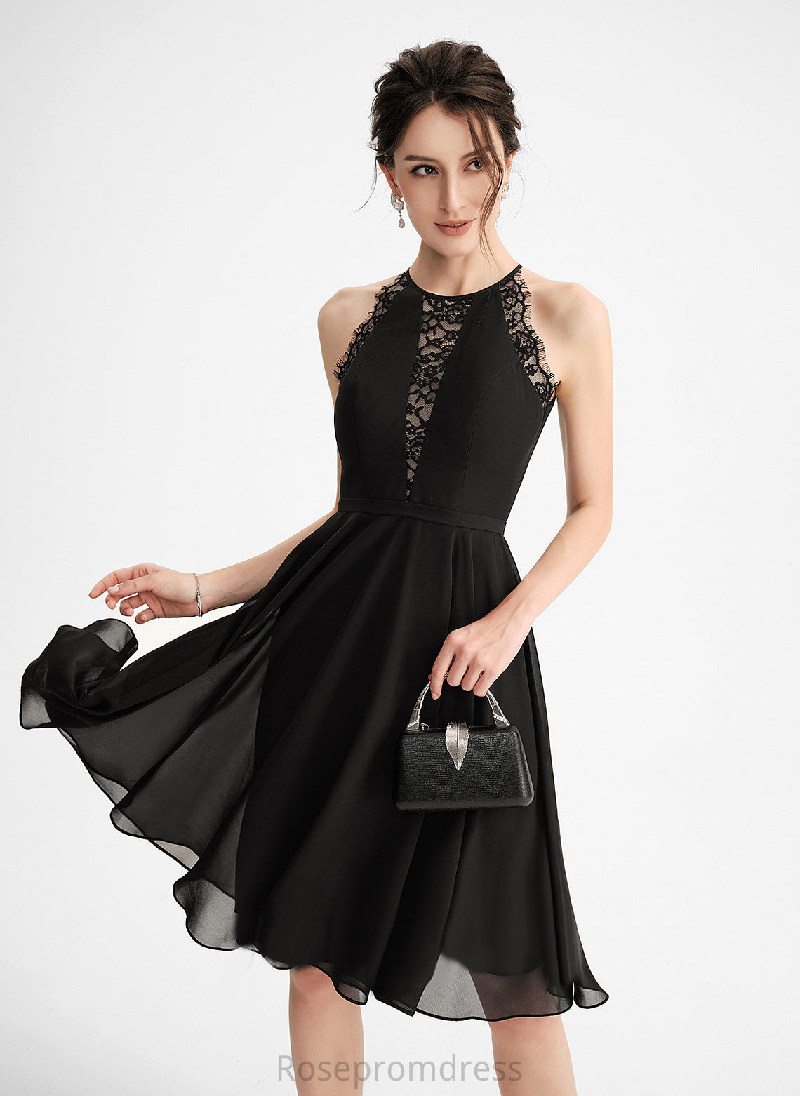 Knee-Length With Lace Dress Neck Chiffon Scoop A-Line Caitlin Cocktail Cocktail Dresses