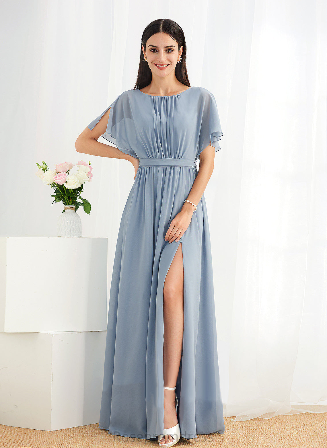 Straps Silhouette Ruffle Fabric Floor-Length SplitFront A-Line Embellishment Length Mariana A-Line/Princess Knee Length Bridesmaid Dresses