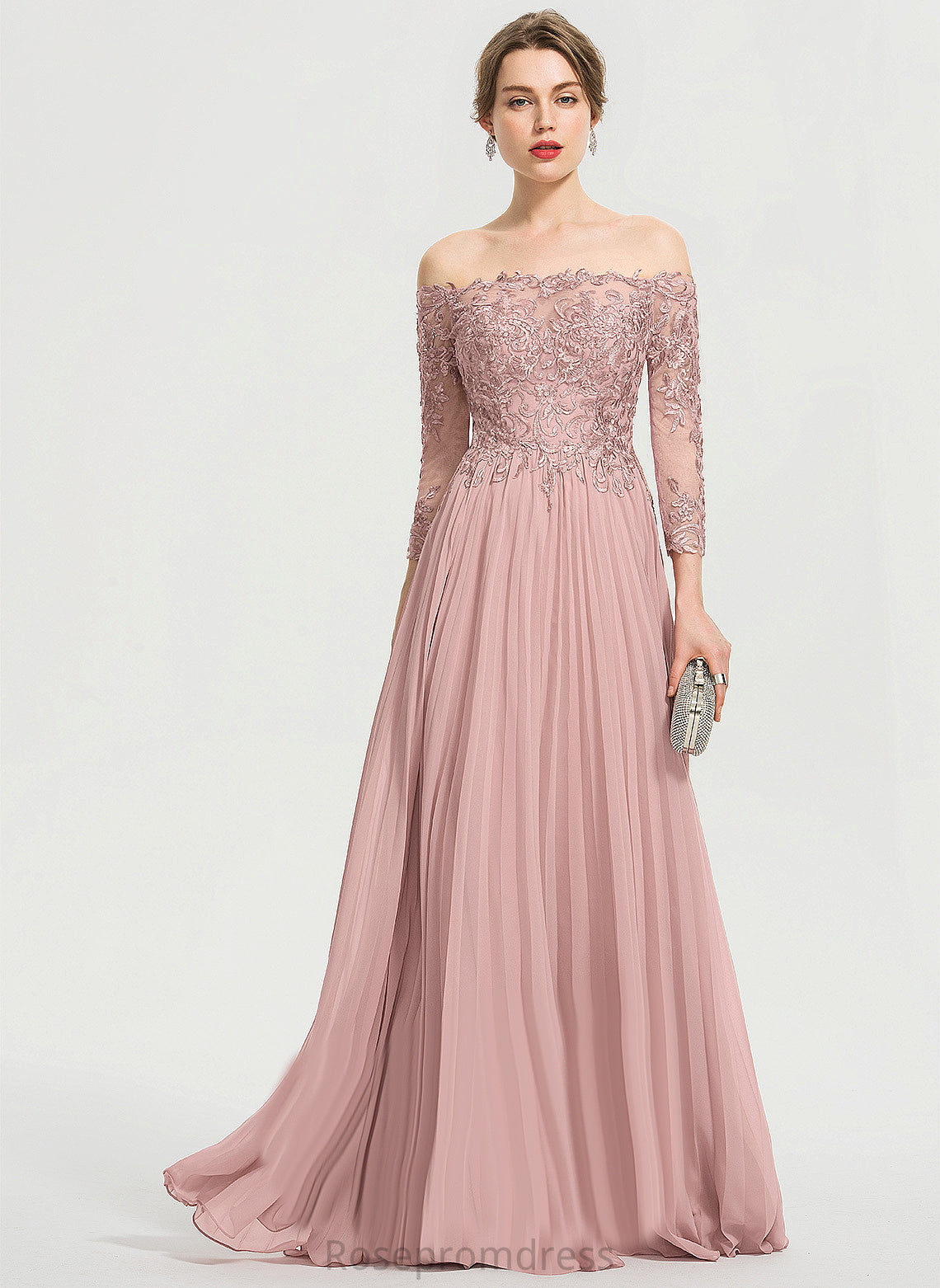 Linda Lace Off-the-Shoulder Pleated With Sequins Chiffon Prom Dresses Ball-Gown/Princess Floor-Length