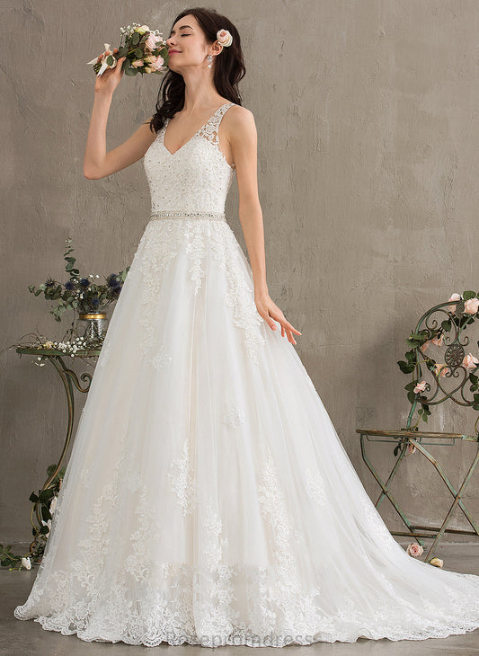 Wedding Dresses V-neck Court Beading Kenna Train With Sequins Ball-Gown/Princess Wedding Lace Dress Tulle