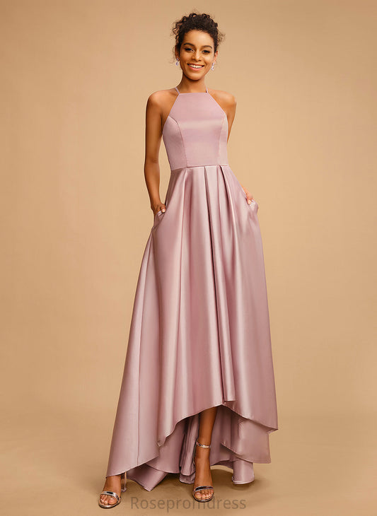 Danielle Satin Square Asymmetrical A-Line Prom Dresses Neckline