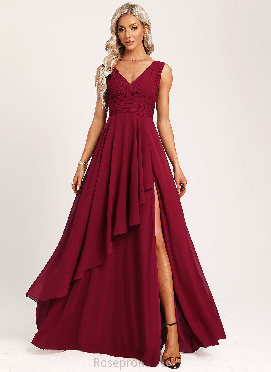 Silhouette Length Floor-Length A-Line Neckline Fabric Ruffle V-neck Embellishment Taliyah Bridesmaid Dresses