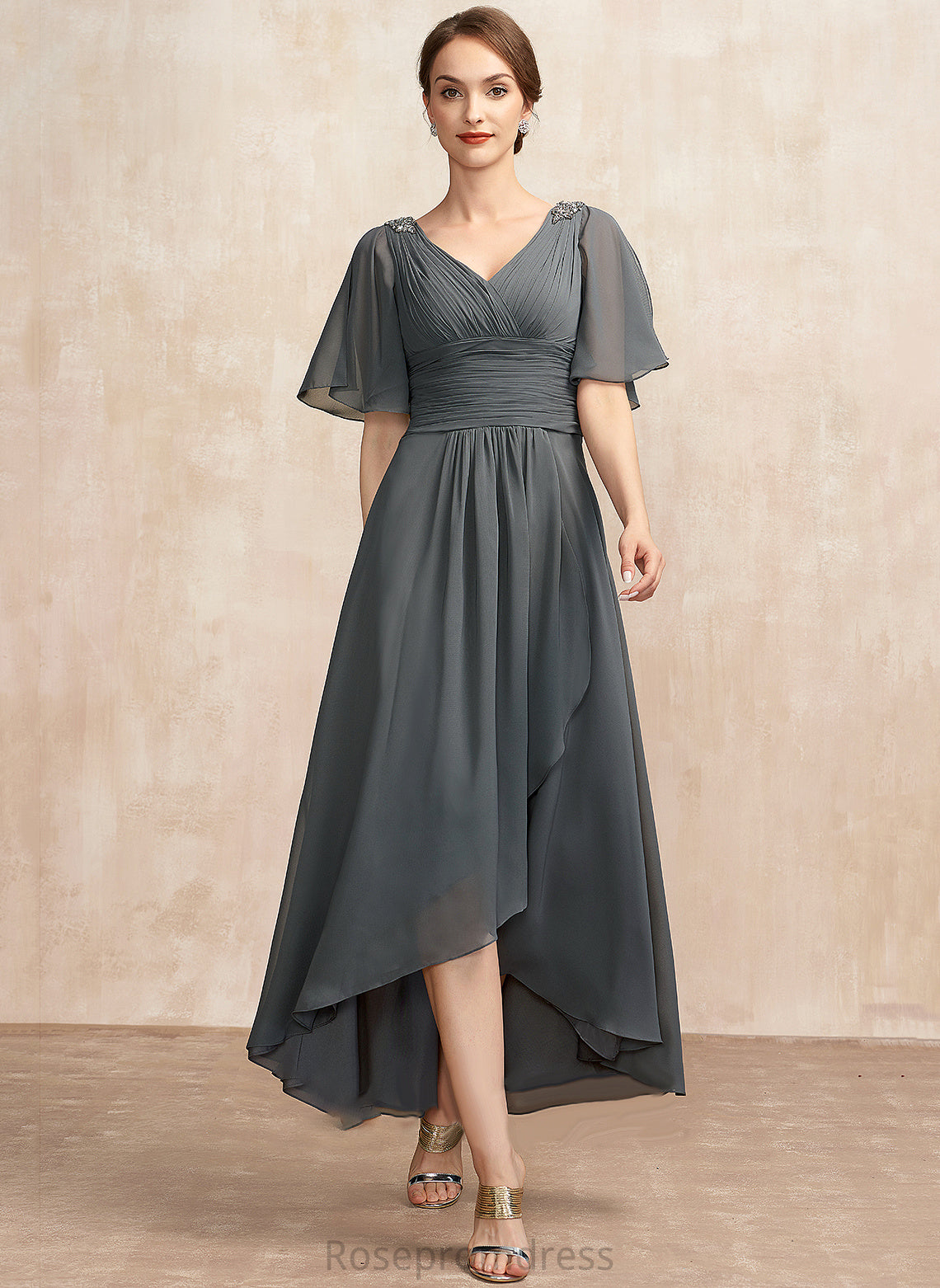 Mother Chiffon the Dress Maggie Asymmetrical Mother of the Bride Dresses of V-neck Beading Bride A-Line Ruffle With