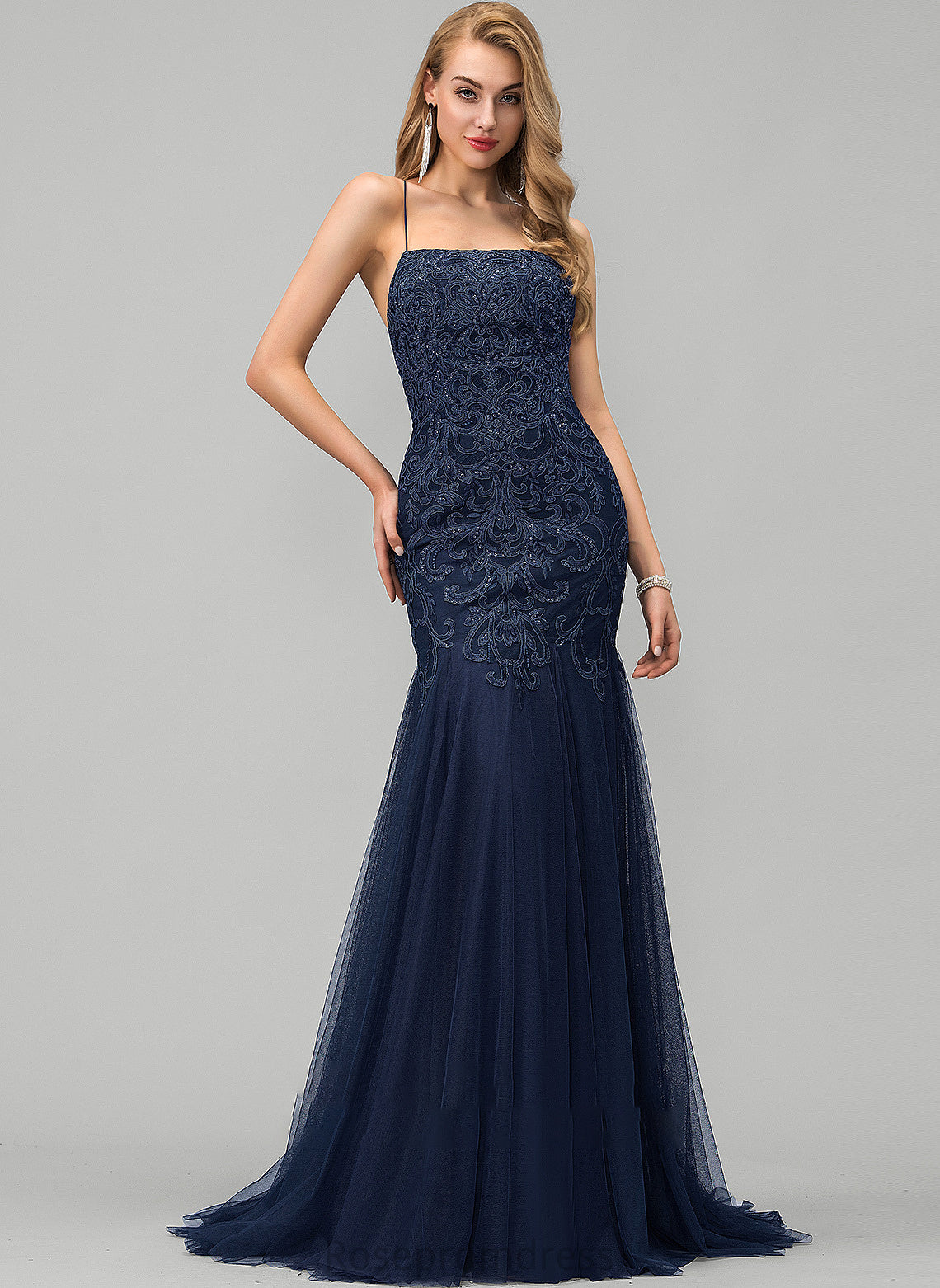 Train Square Lace Alana Tulle With Sequins Neckline Sweep Trumpet/Mermaid Prom Dresses