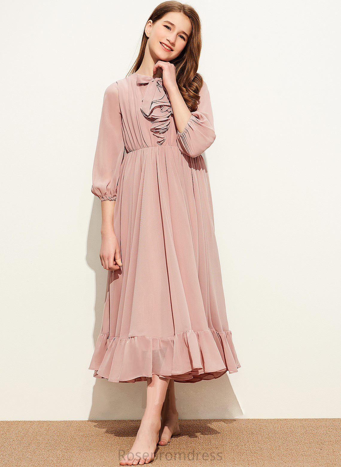 Tea-Length With Cascading Brenna Bow(s) Neck Junior Bridesmaid Dresses A-Line Chiffon Scoop Ruffles