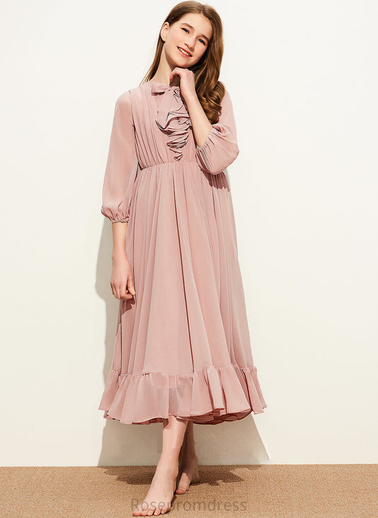 Tea-Length With Cascading Brenna Bow(s) Neck Junior Bridesmaid Dresses A-Line Chiffon Scoop Ruffles