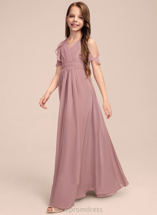 Ruffles V-neck A-Line Cascading Kinley Junior Bridesmaid Dresses Chiffon Floor-Length With