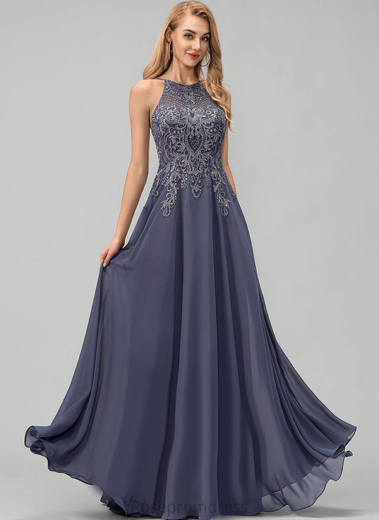 With Scoop A-Line Chiffon Taryn Floor-Length Prom Dresses Sequins