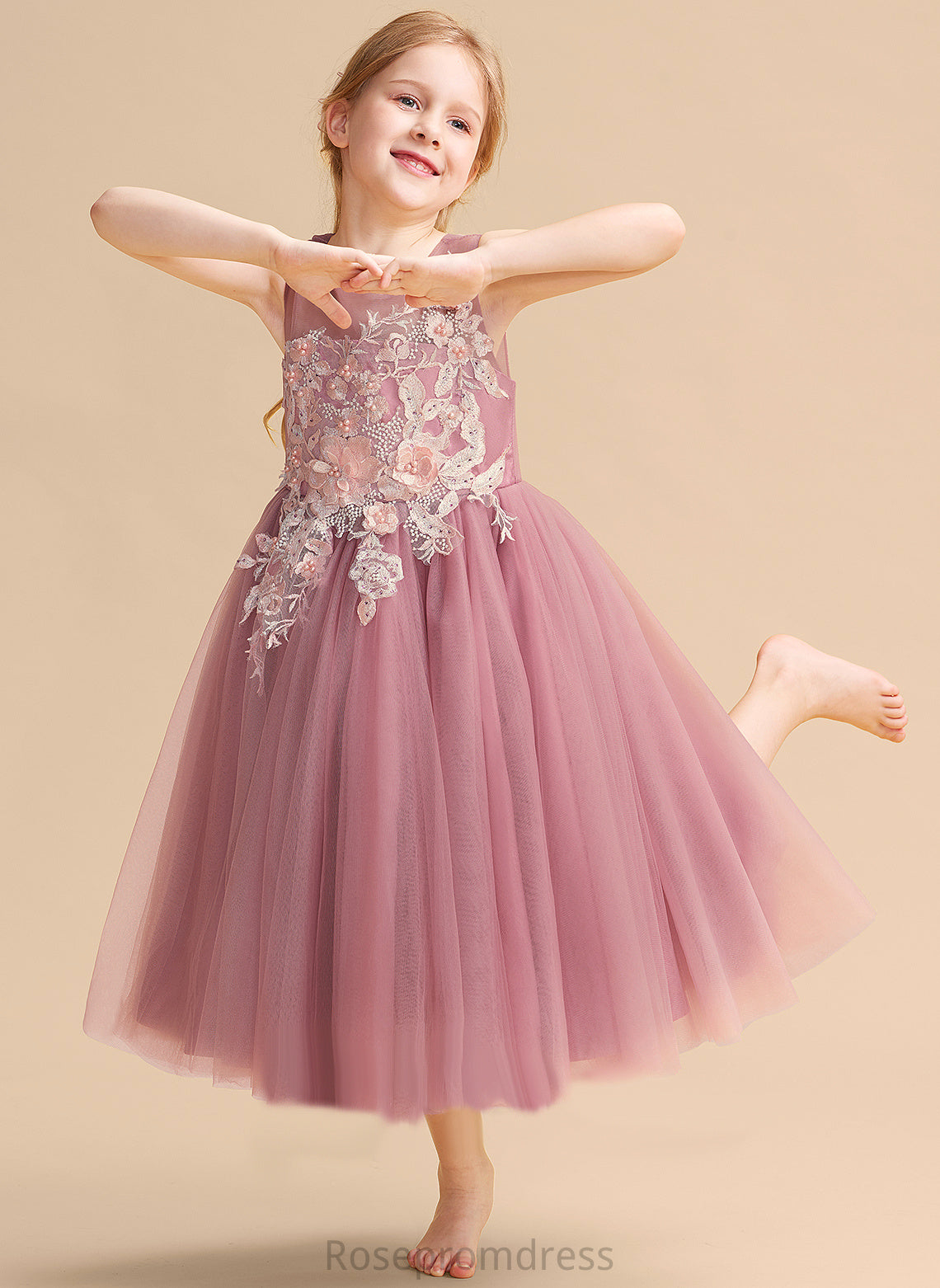 Flower Sleeveless Tulle Girl Tea-length Hayley Ball-Gown/Princess Scoop With - Dress Lace/Beading Flower Girl Dresses Neck