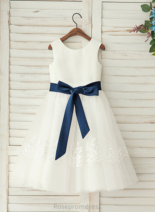 Neck Satin/Lace With Dress Girl Kaila A-Line/Princess Flower Girl Dresses Sleeveless Flower Tea-length Sash - Scoop