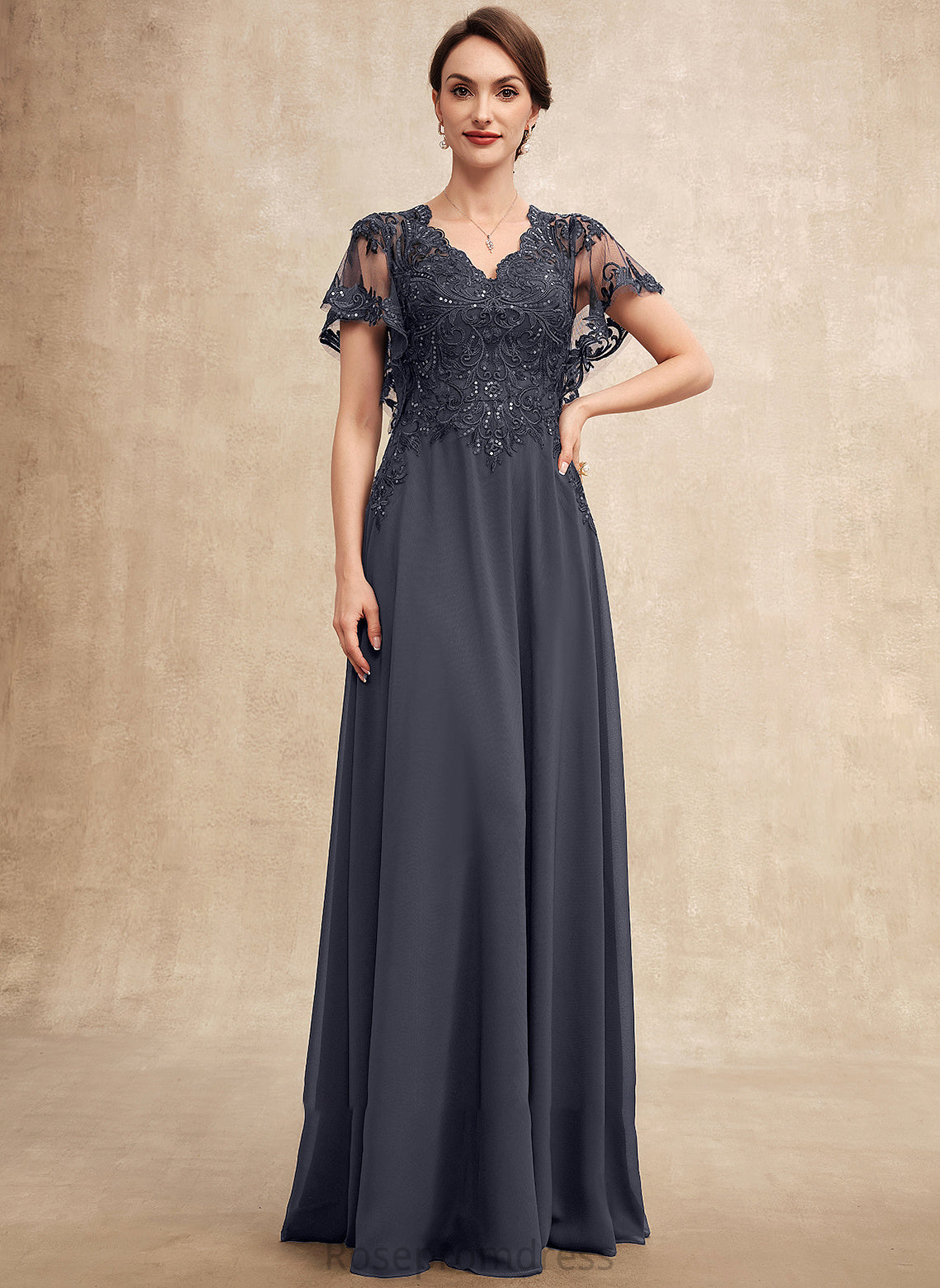 Dress Bride Sequins Lace of Chiffon the Floor-Length V-neck Mother of the Bride Dresses Mother A-Line With Madeline