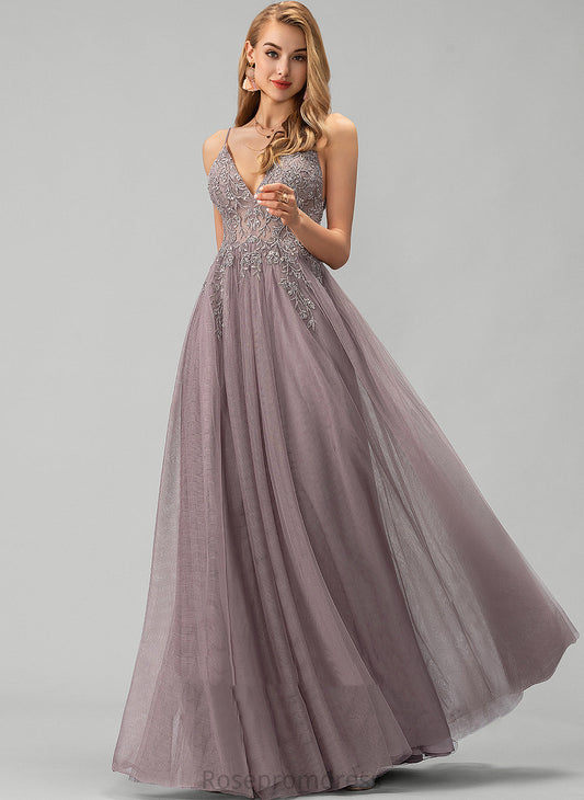 With Prom Dresses V-neck Beading A-Line Floor-Length Tulle Sequins Lace Hallie