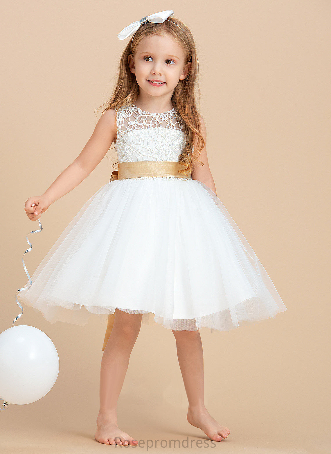 Dress Satin/Tulle/Lace Sash/Bow(s)/Back Knee-length Hole With Sleeveless Flower Girl Dresses Flower A-Line Neck Girl - Setlla Scoop