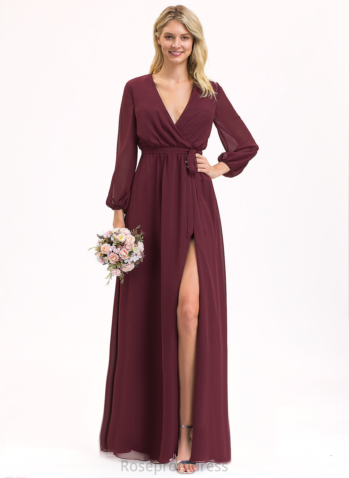 Fabric Pleated Length Bow(s) A-Line Embellishment V-neck Floor-Length Silhouette Neckline Violet Bridesmaid Dresses