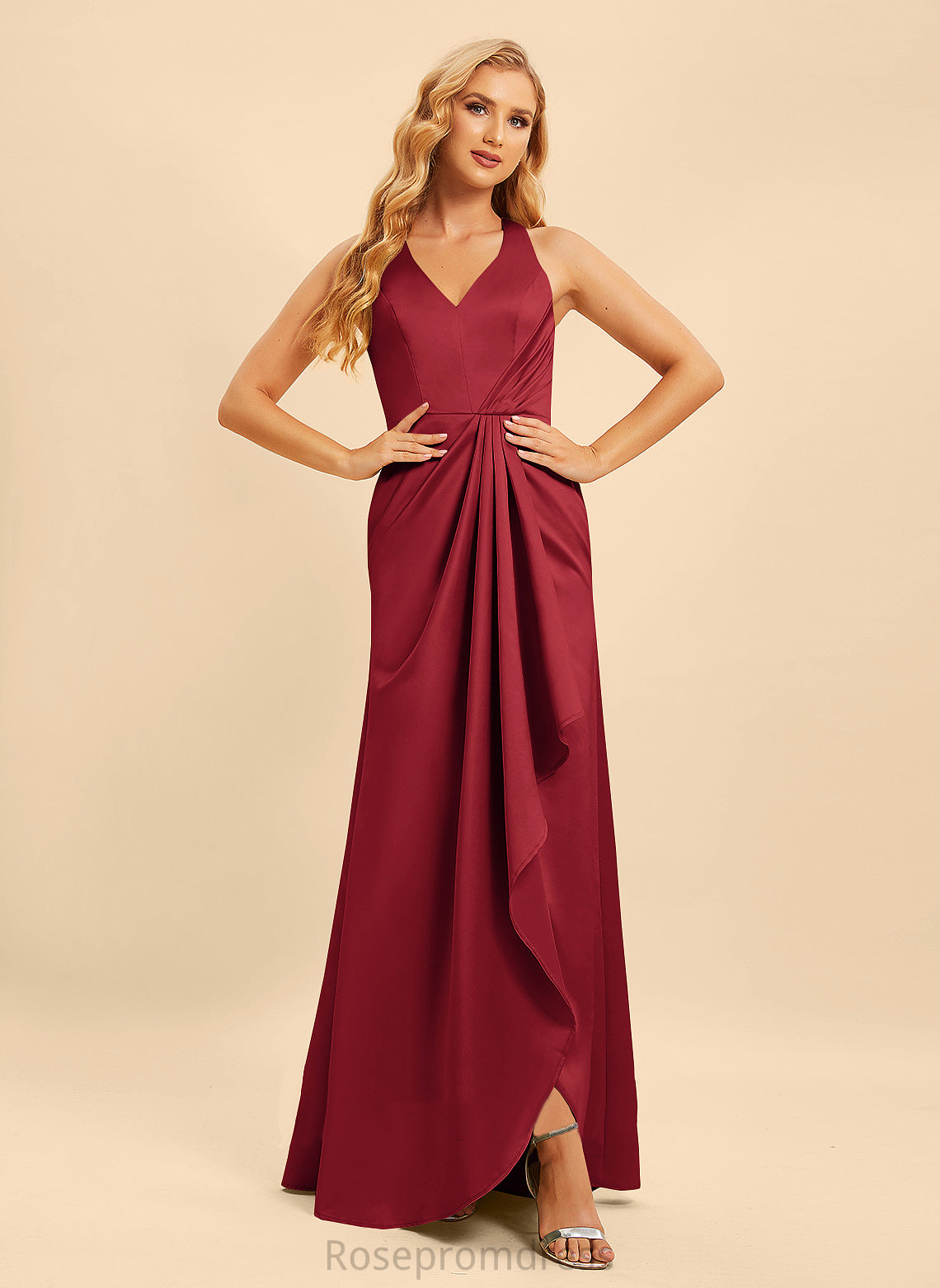 A-Line SplitFront Silhouette Fabric Length Neckline Ruffle Embellishment V-neck Floor-Length Mariah Bridesmaid Dresses