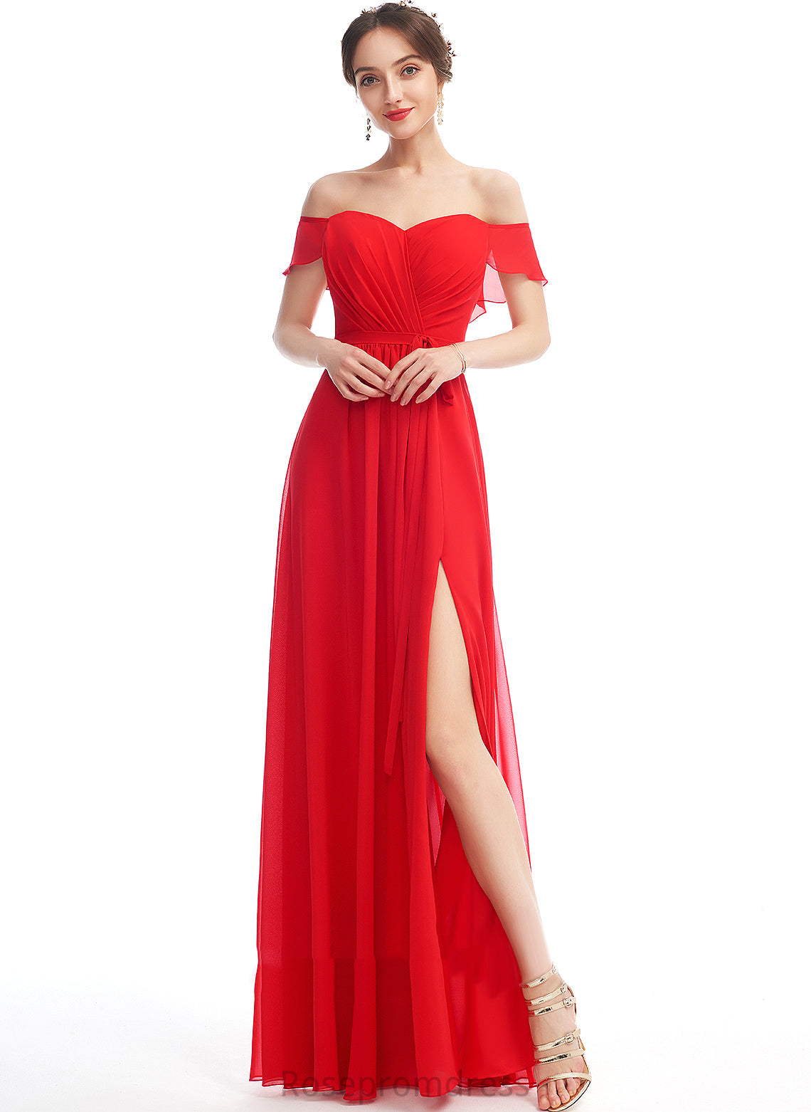 Neckline Embellishment Length Floor-Length Fabric Off-the-Shoulder Silhouette SplitFront Ruffle A-Line Frida Floor Length Bridesmaid Dresses