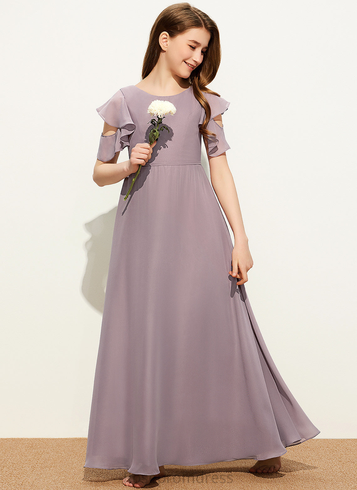 Junior Bridesmaid Dresses With Ruffles Chiffon Cascading A-Line Scoop Floor-Length Neck Lexi