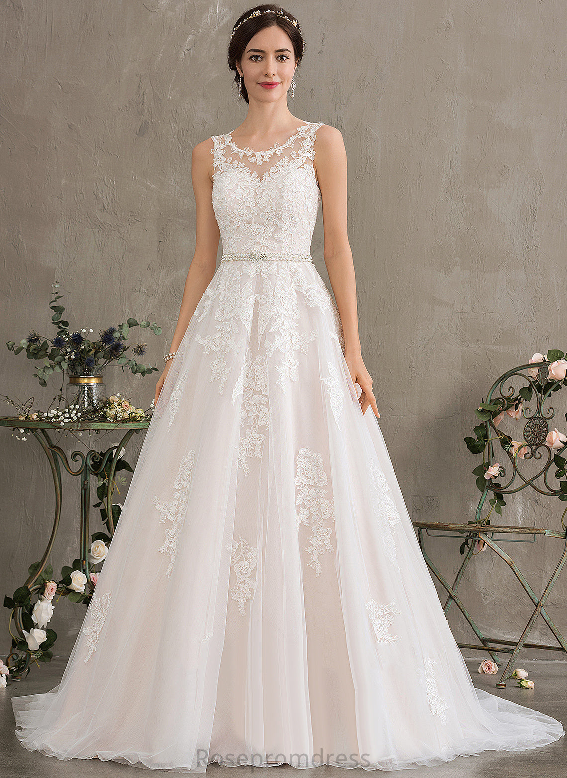 With Wedding Sequins Scoop Wedding Dresses Neck Lace Ball-Gown/Princess Tulle Aliya Train Court Dress Beading