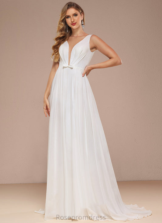 With Bow(s) Train Dress Wedding Sweep Wedding Dresses A-Line V-neck Chiffon Grace