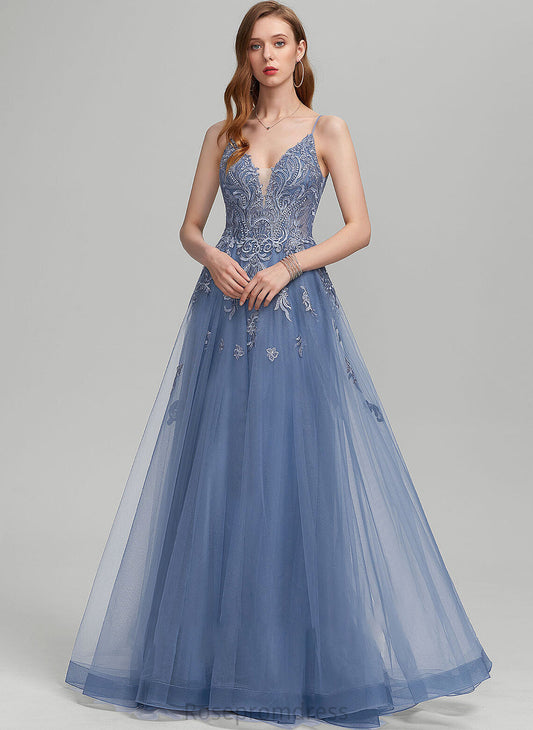 With Floor-Length A-Line Tulle Sequins V-neck Prom Dresses Melody