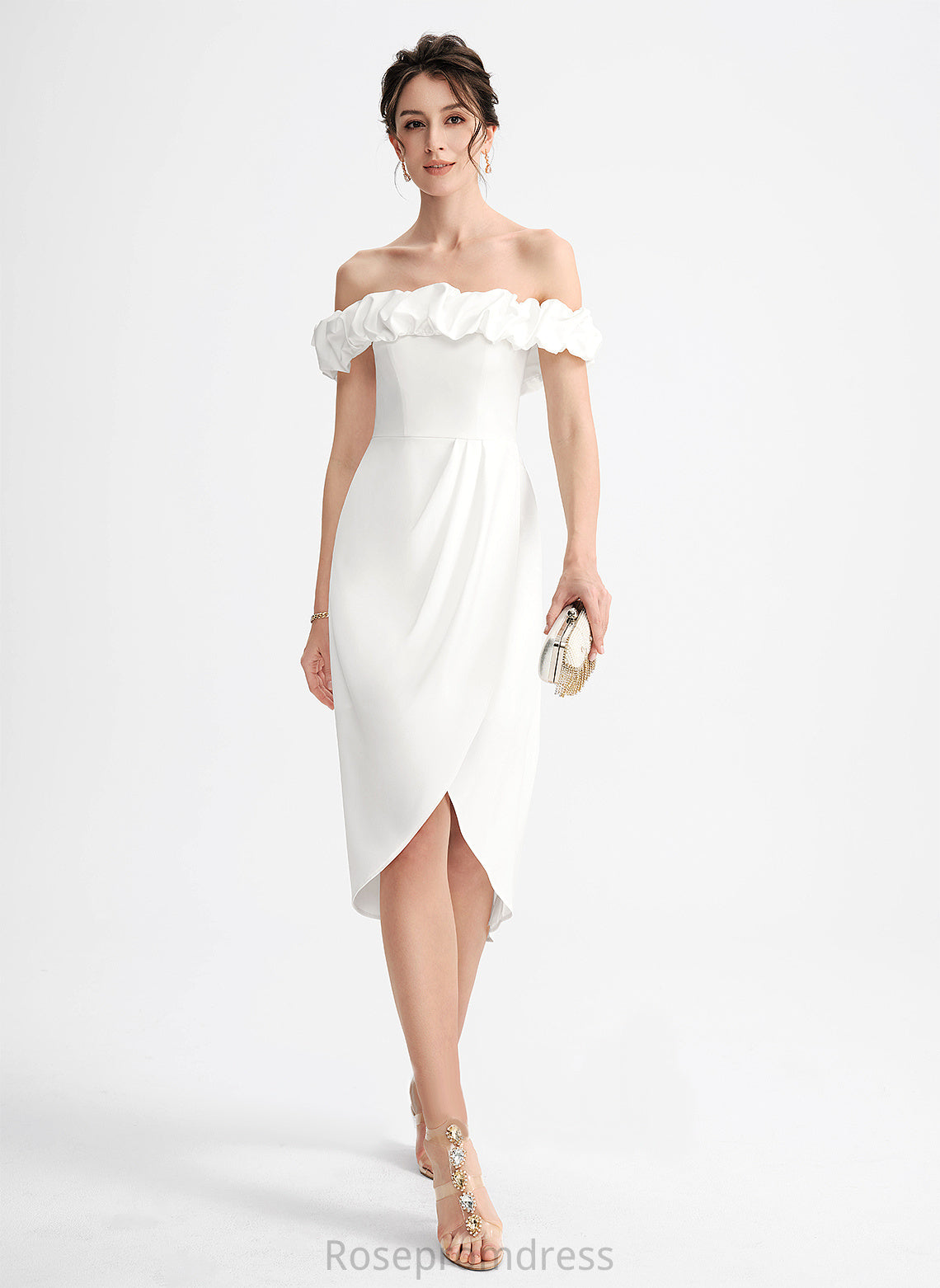 Stretch Off-the-Shoulder Crepe With Ruffle Asymmetrical Cocktail Dress Cocktail Dresses Frederica