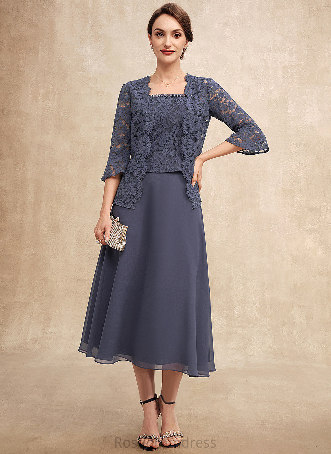 of Neckline Bride Mother Lace Chiffon Mother of the Bride Dresses A-Line With the Tea-Length Kaitlyn Square Dress Beading