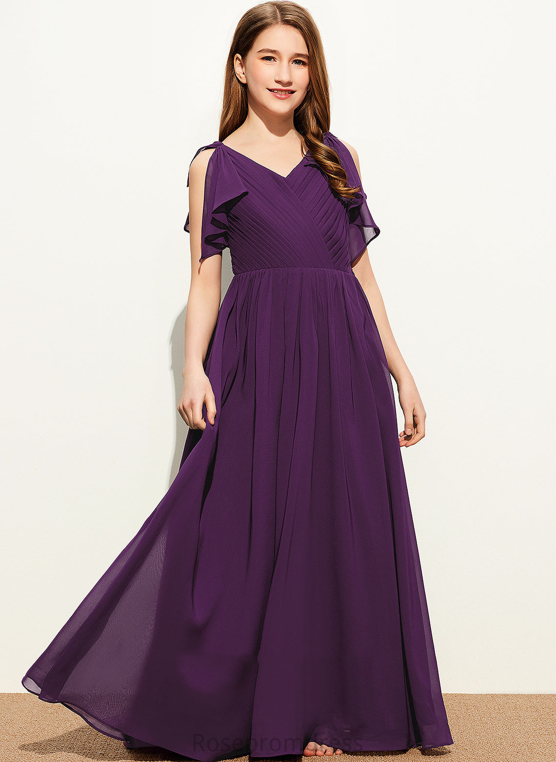 Floor-Length Junior Bridesmaid Dresses Bow(s) A-Line Ruffles Chiffon With V-neck Rosa Cascading