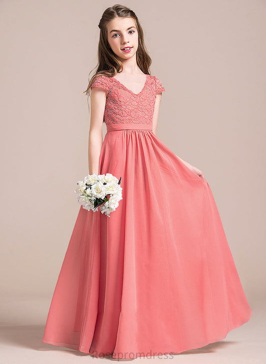 Chiffon Ivy Floor-Length V-neck Junior Bridesmaid Dresses Lace A-Line