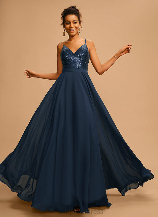 Prom Dresses Sequined Chiffon With Miranda Floor-Length V-neck A-Line Sequins