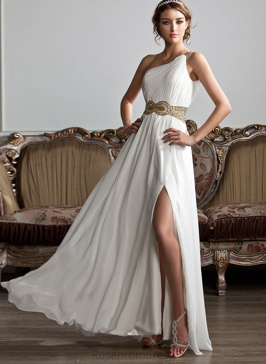 Chiffon Ruffle One-Shoulder Aspen Prom Dresses A-Line Sequins Beading With Floor-Length