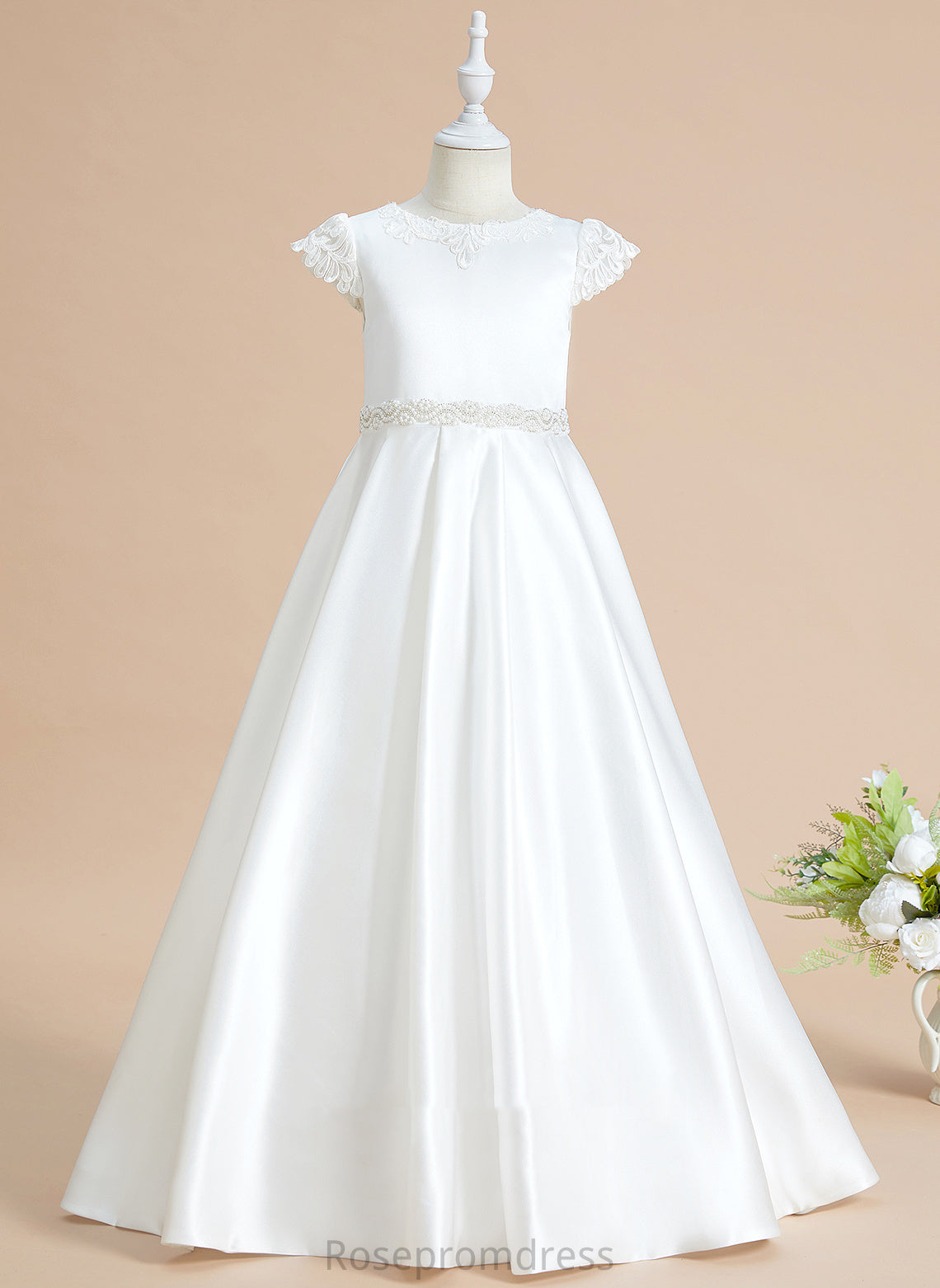 Flower - Floor-length Lace/Beading/Bow(s) Scoop Sleeves Satin Neck Girl Stacy With Dress Flower Girl Dresses Ball-Gown/Princess Short