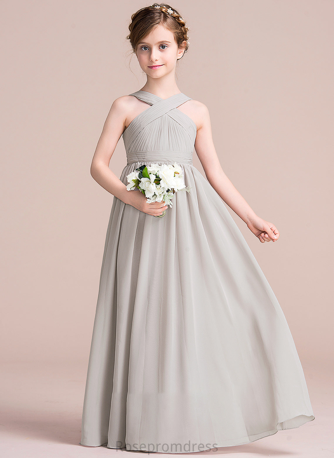 Bow(s) Ruffle Floor-Length Kelsey V-neck With A-Line Chiffon Junior Bridesmaid Dresses