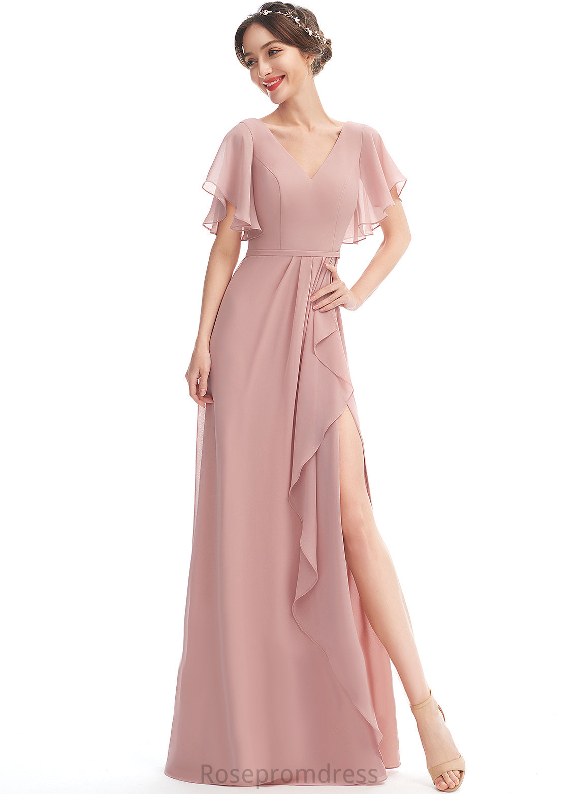 Floor-Length Ruffle Embellishment A-Line Length Silhouette Neckline SplitFront Fabric V-neck Cristal Floor Length Bridesmaid Dresses