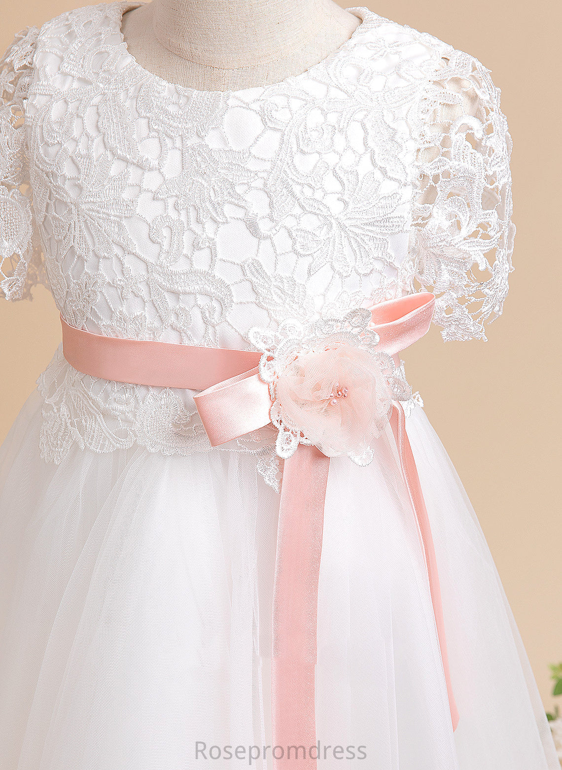 With Flower Tulle/Lace A-Line Sash/Flower(s) Dress Neck Knee-length Short Girl - Flower Girl Dresses Scoop Kallie Sleeves