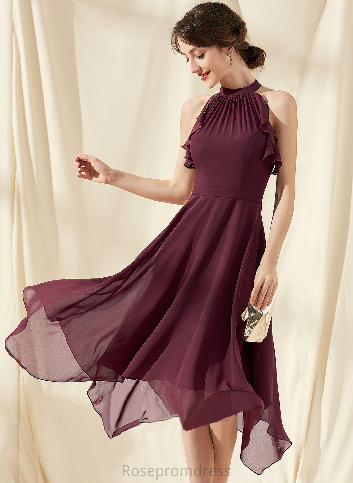 Tea-Length With Talia Dress Cocktail Dresses Chiffon Cascading Neck A-Line Cocktail Ruffles Scoop