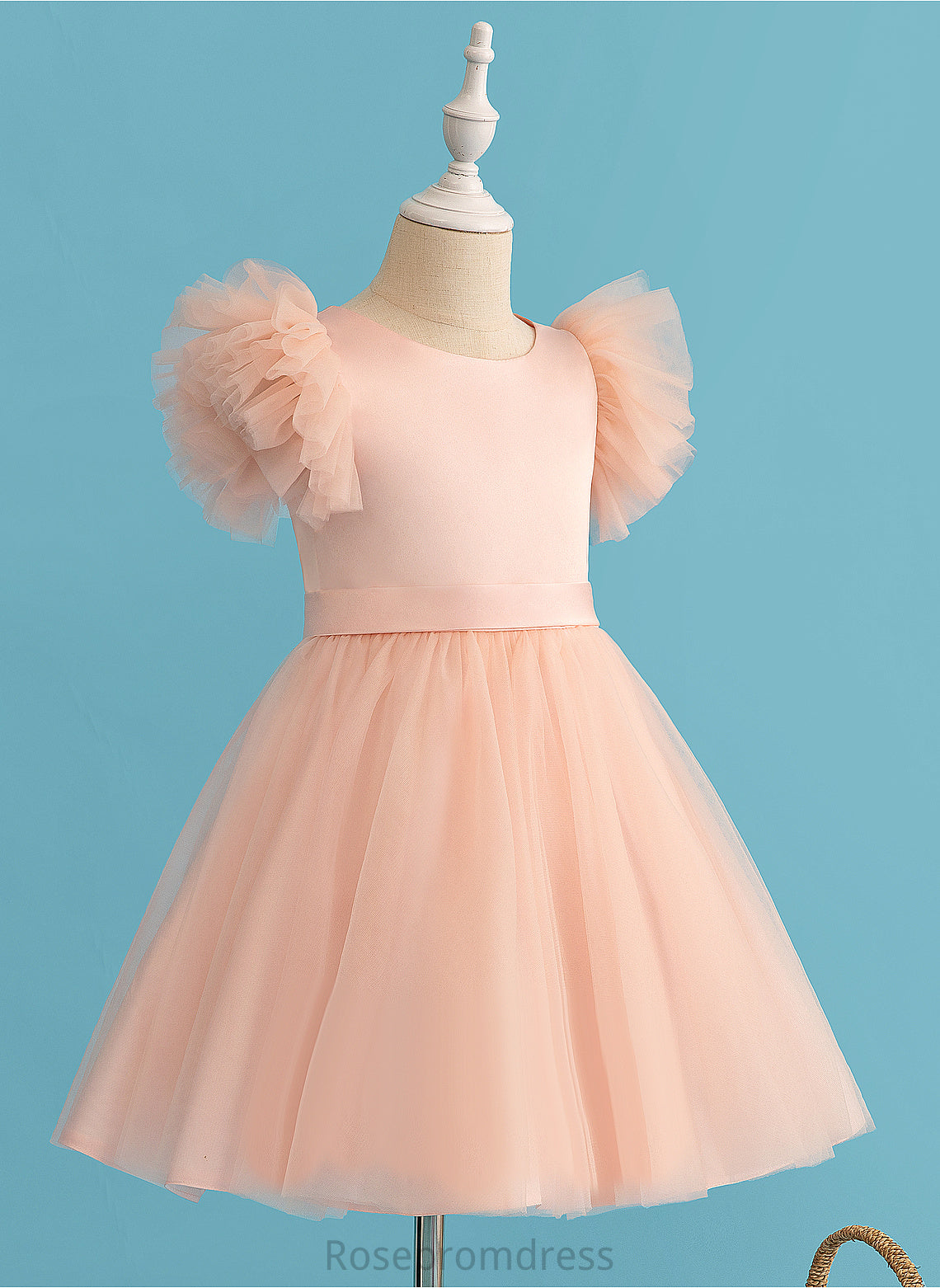 Tulle - Knee-length Sleeves Miya Neck A-Line Flower Girl Dresses Dress Short Scoop Flower Girl