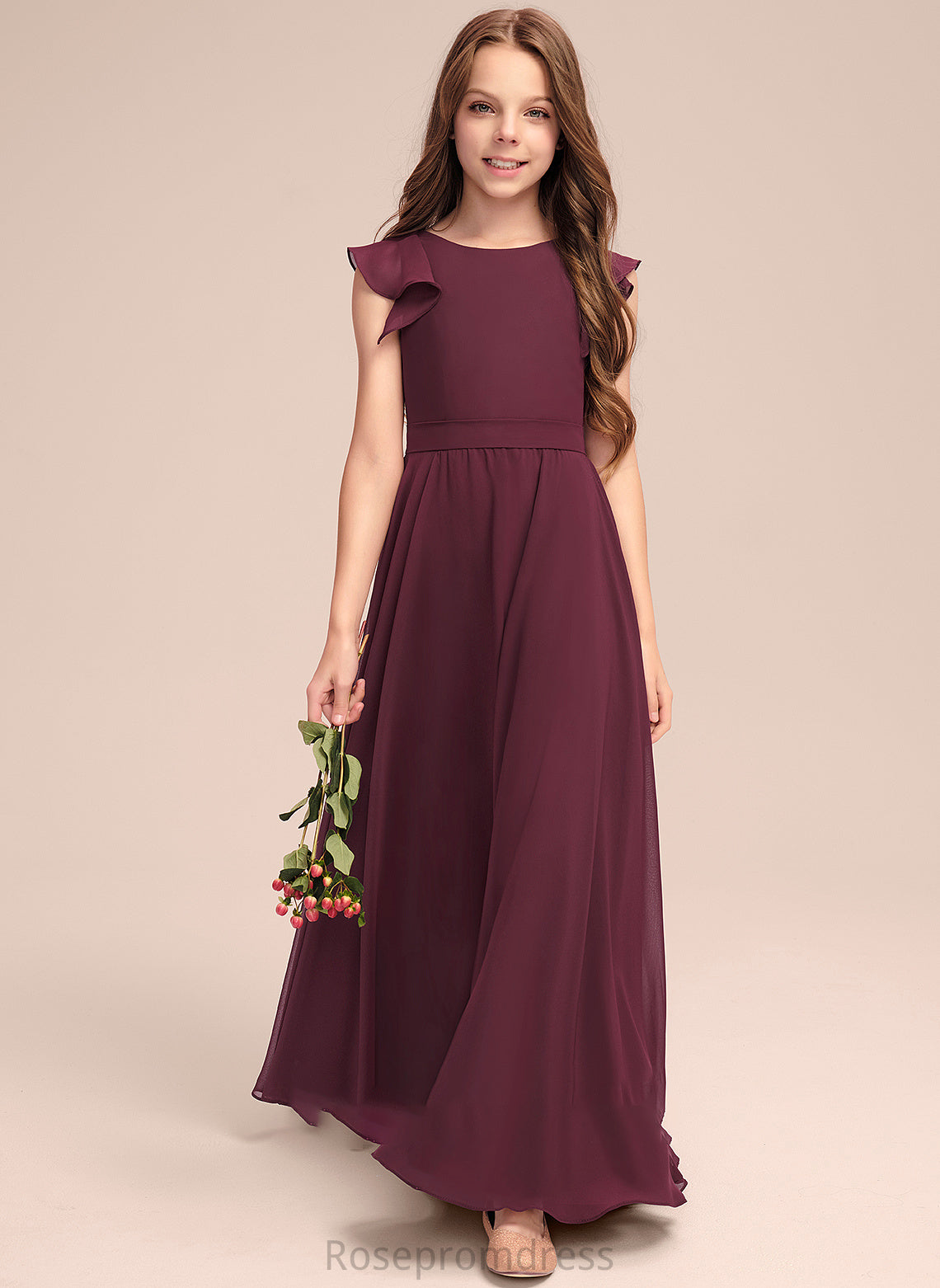 Chiffon Ruffles Floor-Length Cascading Junior Bridesmaid Dresses With A-Line Neck Elva Scoop