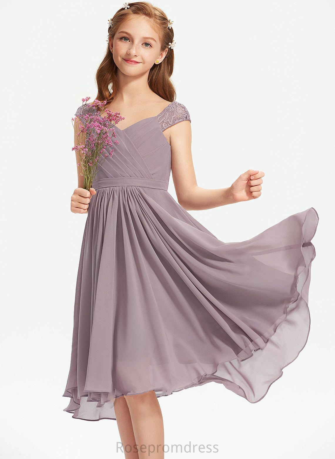 Ruffle With A-Line V-neck Catherine Lace Chiffon Knee-Length Junior Bridesmaid Dresses