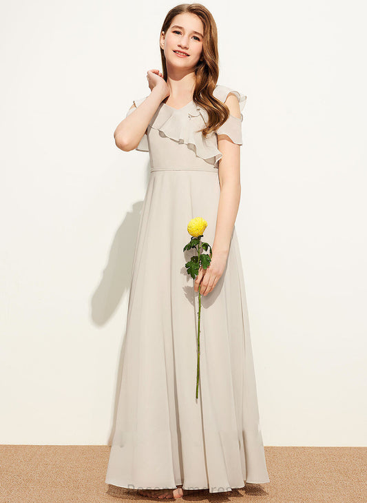 Ruffles Desirae With Floor-Length V-neck Chiffon A-Line Junior Bridesmaid Dresses Cascading