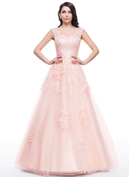 Ball-Gown/Princess Scoop Sequins Prom Dresses Neck Lace Appliques Beading With Tulle Sage Floor-Length