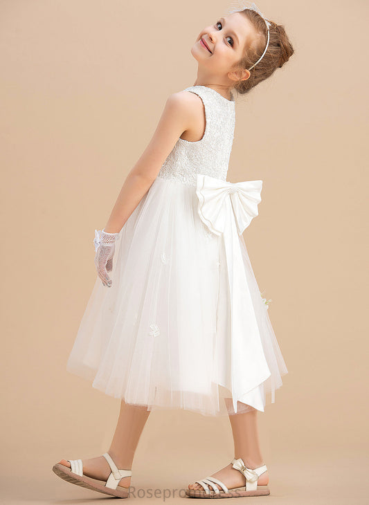 Tea-length Neck Girl Flower Mayra A-Line Satin/Tulle Scoop With Bow(s) Flower Girl Dresses Sleeveless Dress