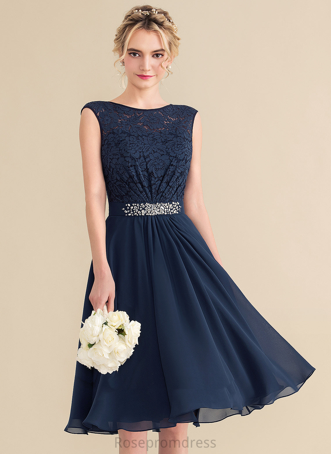 Bow(s) Lace Emmalee Knee-Length Dress Scoop A-Line Neck Beading Chiffon Homecoming Lace With Homecoming Dresses