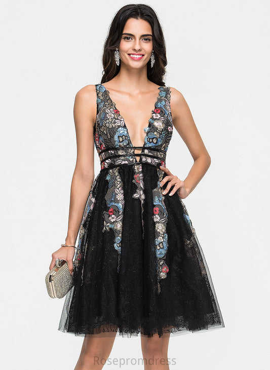 Tulle Dress Lace Beading Homecoming V-neck Sequins A-Line With Cloe Homecoming Dresses Knee-Length