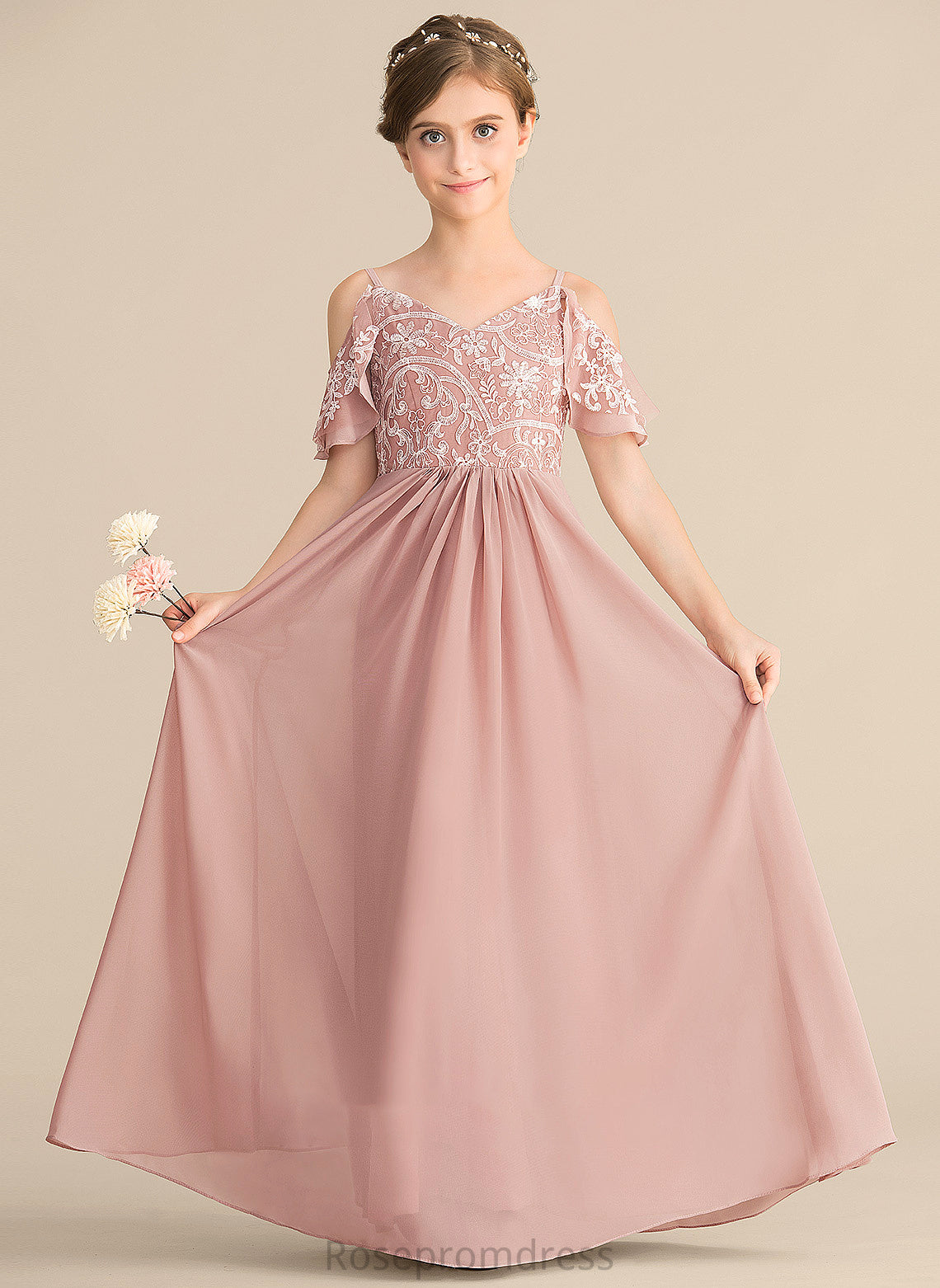 Floor-Length Lace Junior Bridesmaid Dresses Rebekah A-Line Chiffon V-neck