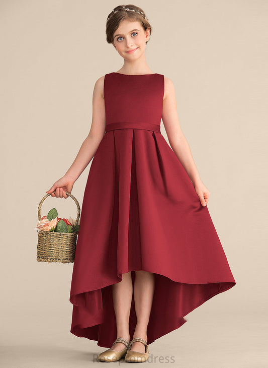 Asymmetrical Satin Pockets Scoop Ruffle Rayna Neck Junior Bridesmaid Dresses A-Line With