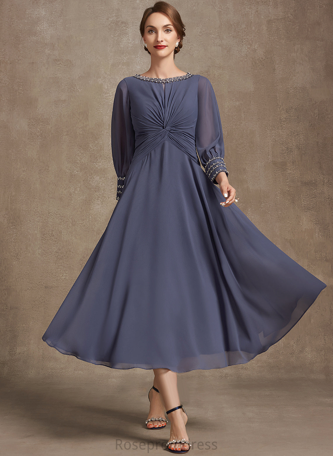 Tea-Length With Mother of the Bride Dresses of Chiffon Bride Mother Ruffle A-Line the Payten Scoop Neck Dress Beading