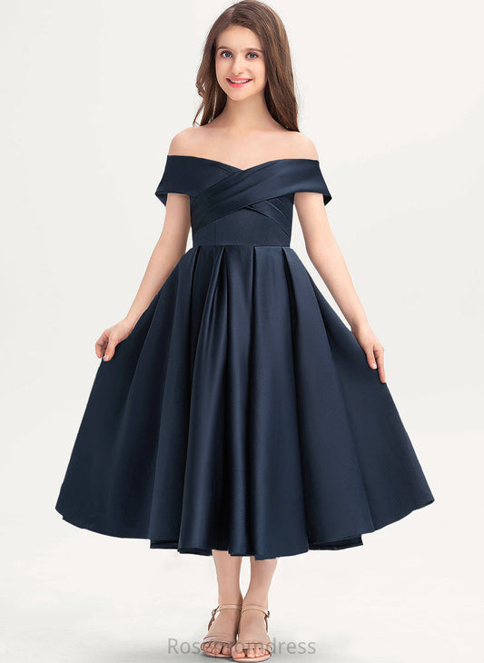 Yesenia With Satin Tea-Length Ruffle Pockets Off-the-Shoulder A-Line Junior Bridesmaid Dresses