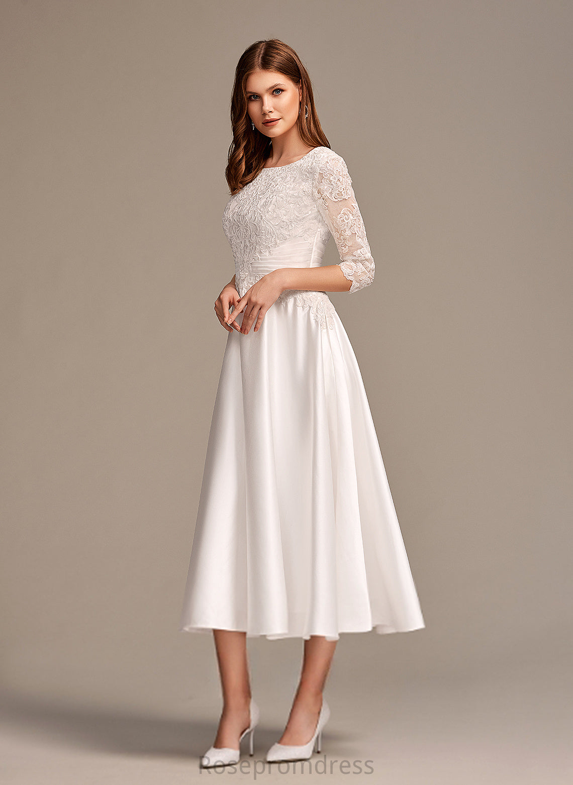 A-Line Dress Scoop Wedding Dresses Lace Dayanara Wedding Tea-Length Satin