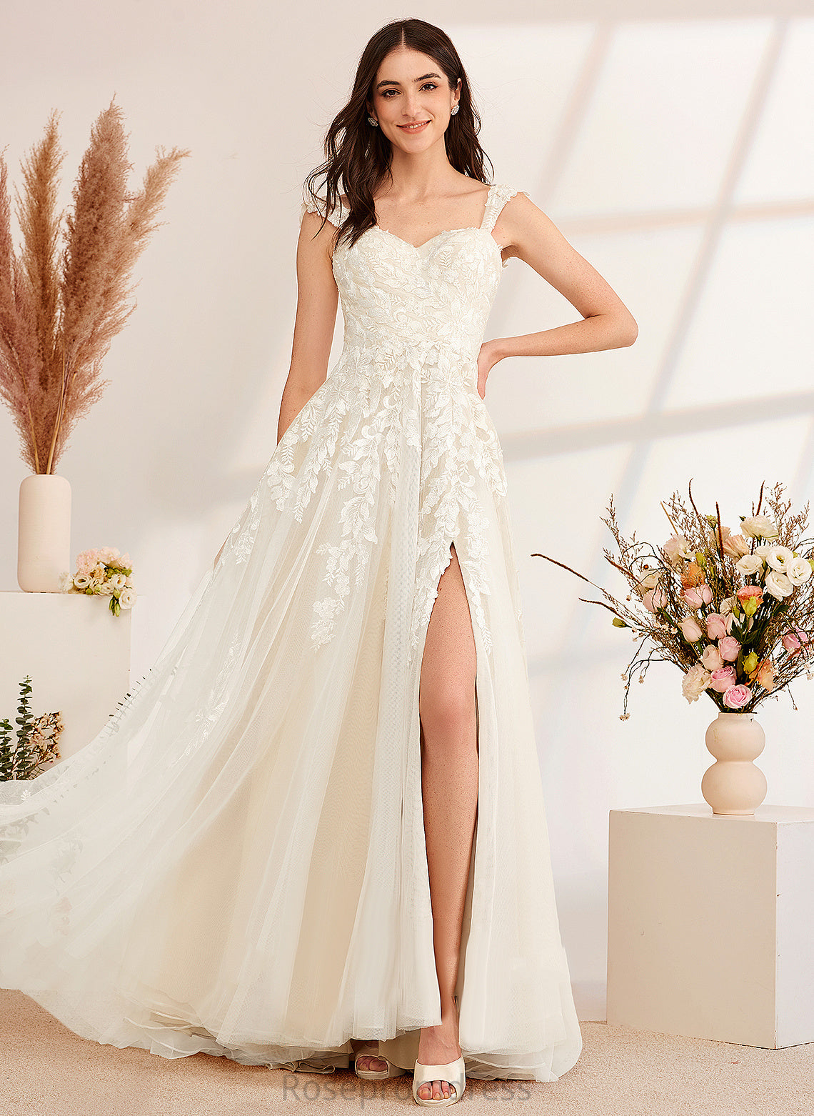 Tulle With Dress Sweep Wedding Dresses Lace Sequins A-Line Off-the-Shoulder Beading Yasmin Train Wedding